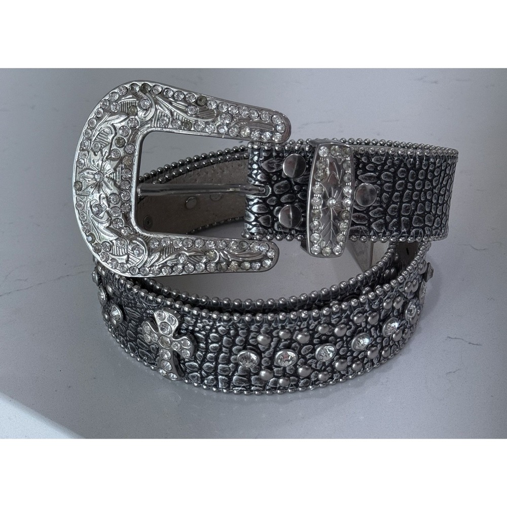 Western Rhinestone Cross Belt Black Faux Gator Silver Buckle Bling Size M – Read